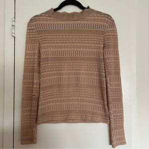 Zara Open Knit Mock Neck Long Sleeve Shirt Woven Top in Light Brown (Size Small)